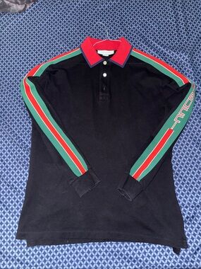 Gucci Black Long-Sleeve Polo with Red and Green Stripe Detailing